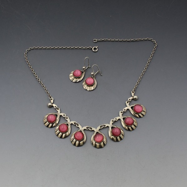 Hermann Siersbol Silver Pink Chalcedony Necklace and Earrings